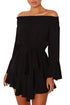 Sexy Black Flare Sleeve Drop Hem Pleated Off Shoulder Dress